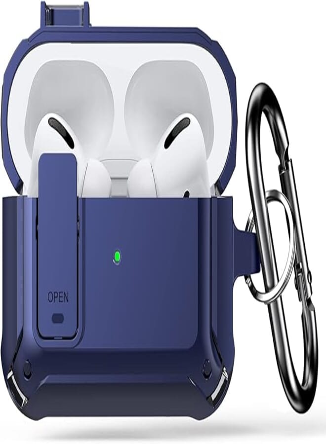 Airpods Pro Case with Keychain, Secure Lock Military Armor Rugged Protective Shockproof Scratch Resistant Hard Shell Cover for Airpods Pro 2019, Front LED Visible - Blue